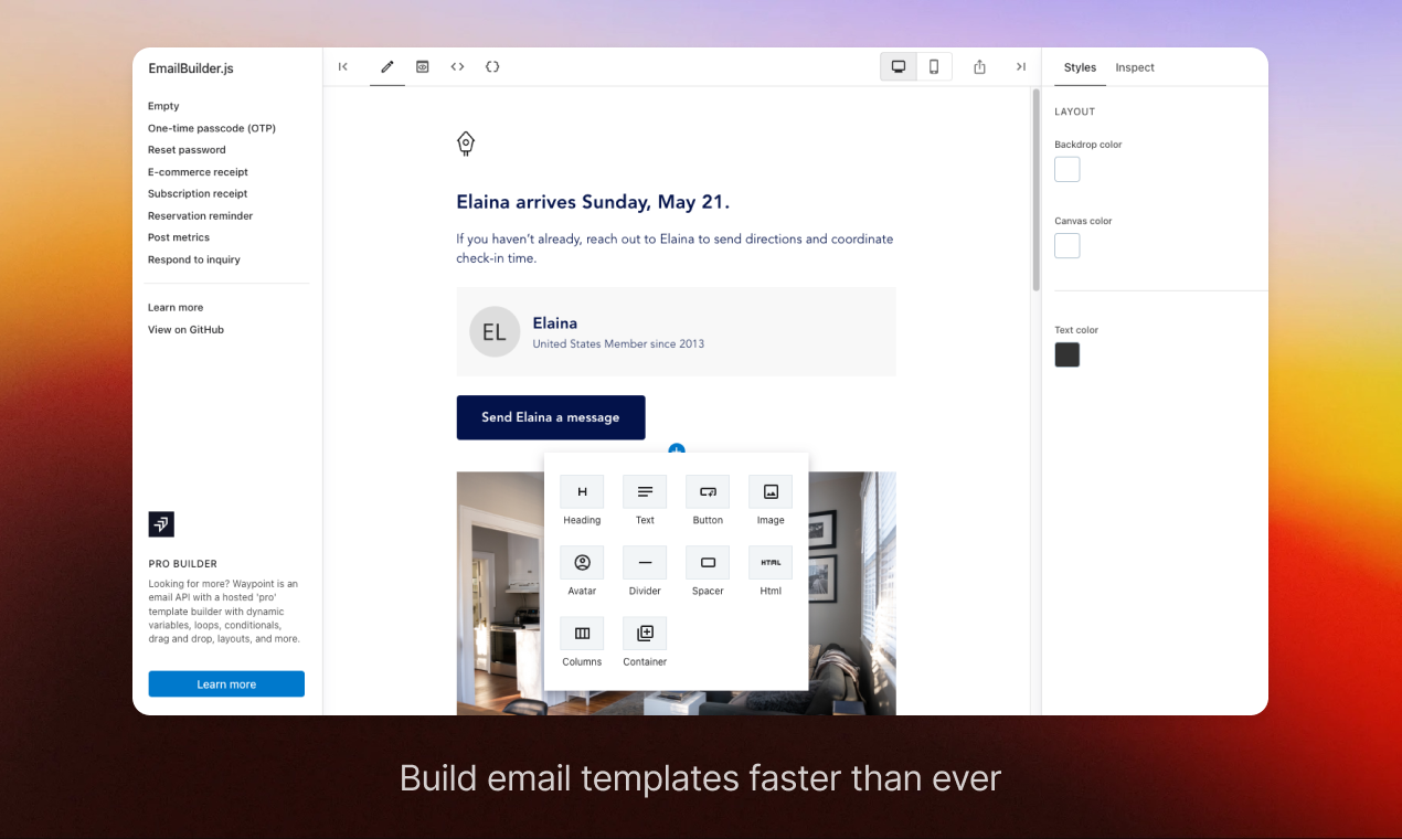 The TinyEmail builder: a block list on the left, a center canvas with an event-invite email, and the AI prompt box at the bottom