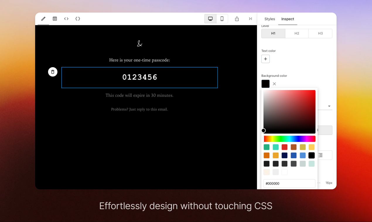 The TinyEmail designer: a dark email on the canvas with the floating island toolbar and the right Inspector panel open on styles and a color picker