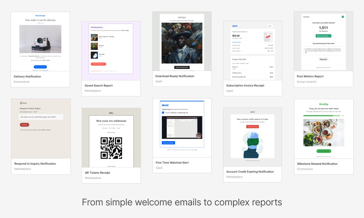 A gallery of nine rendered TinyEmail examples tagged by category: delivery notification, subscription invoice, saved-search report, QR tickets receipt and more