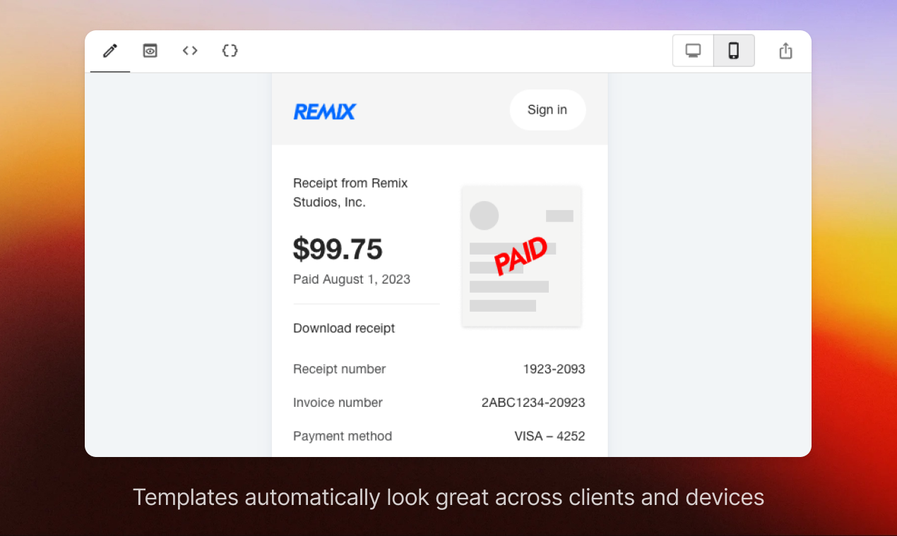A receipt email with a paid stamp, shown with the desktop and mobile preview toggle in the TinyEmail editor