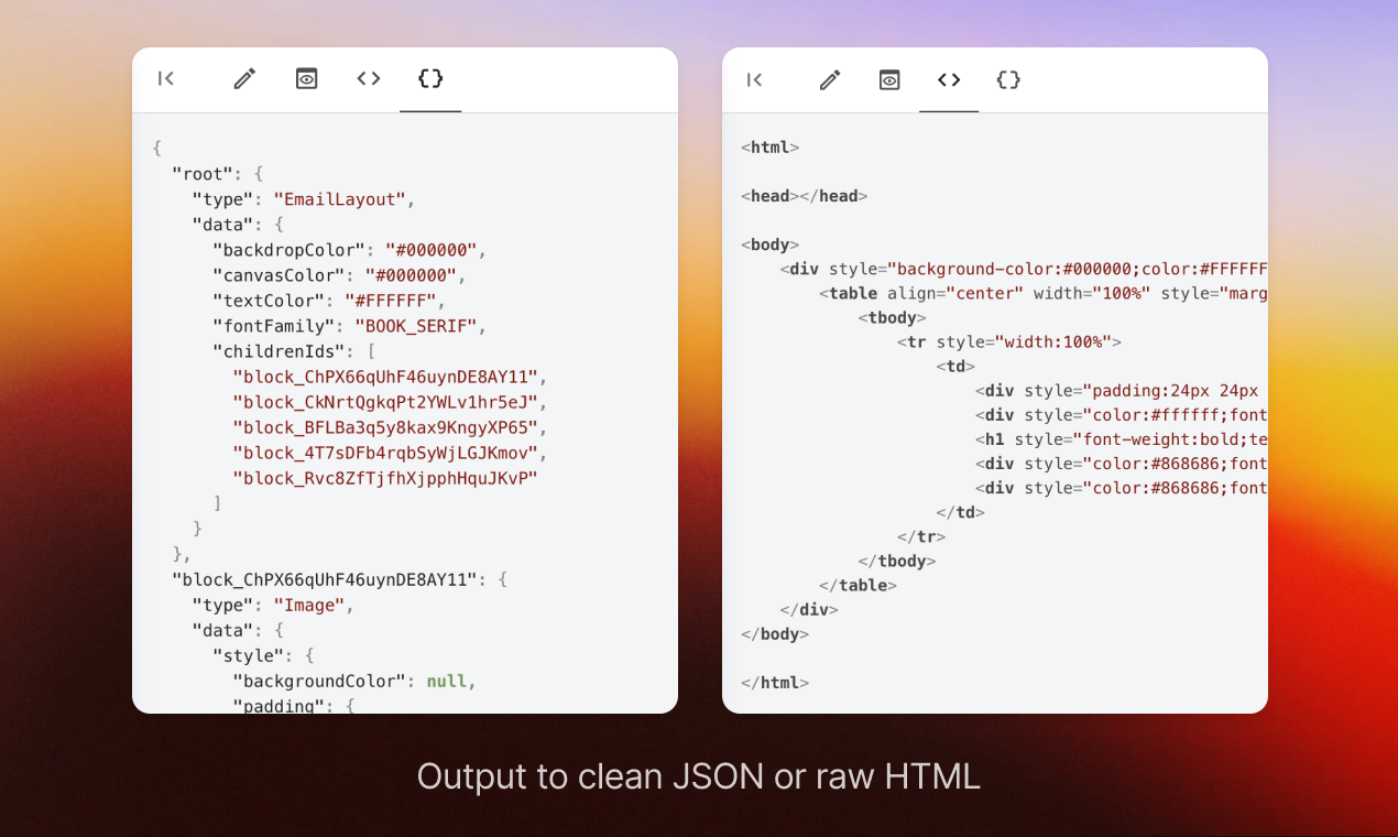 The same TinyEmail shown side by side as its saved structure and as ready-to-send email HTML