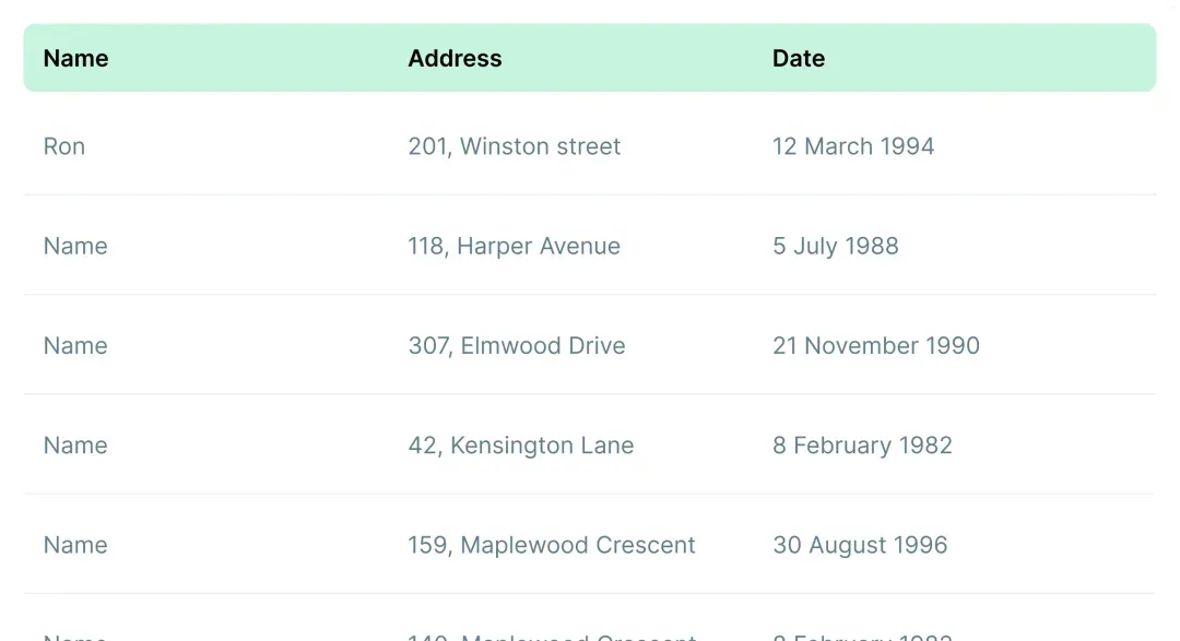 A TinyTables records grid with a mint-green pinned header and Name, Address and Date columns populated with real rows